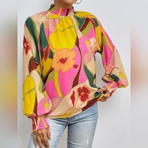 Colorful Vibrant Floral Lantern Sleeve Mock Neck Blouse sz Medium [6-8]